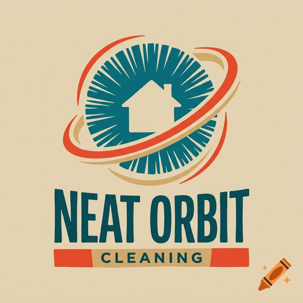 A logo for Neat Orbit Cleaning featuring a house icon inside a blue sunburst surrounded by orbital rings, with the text NEAT ORBIT CLEANING below.