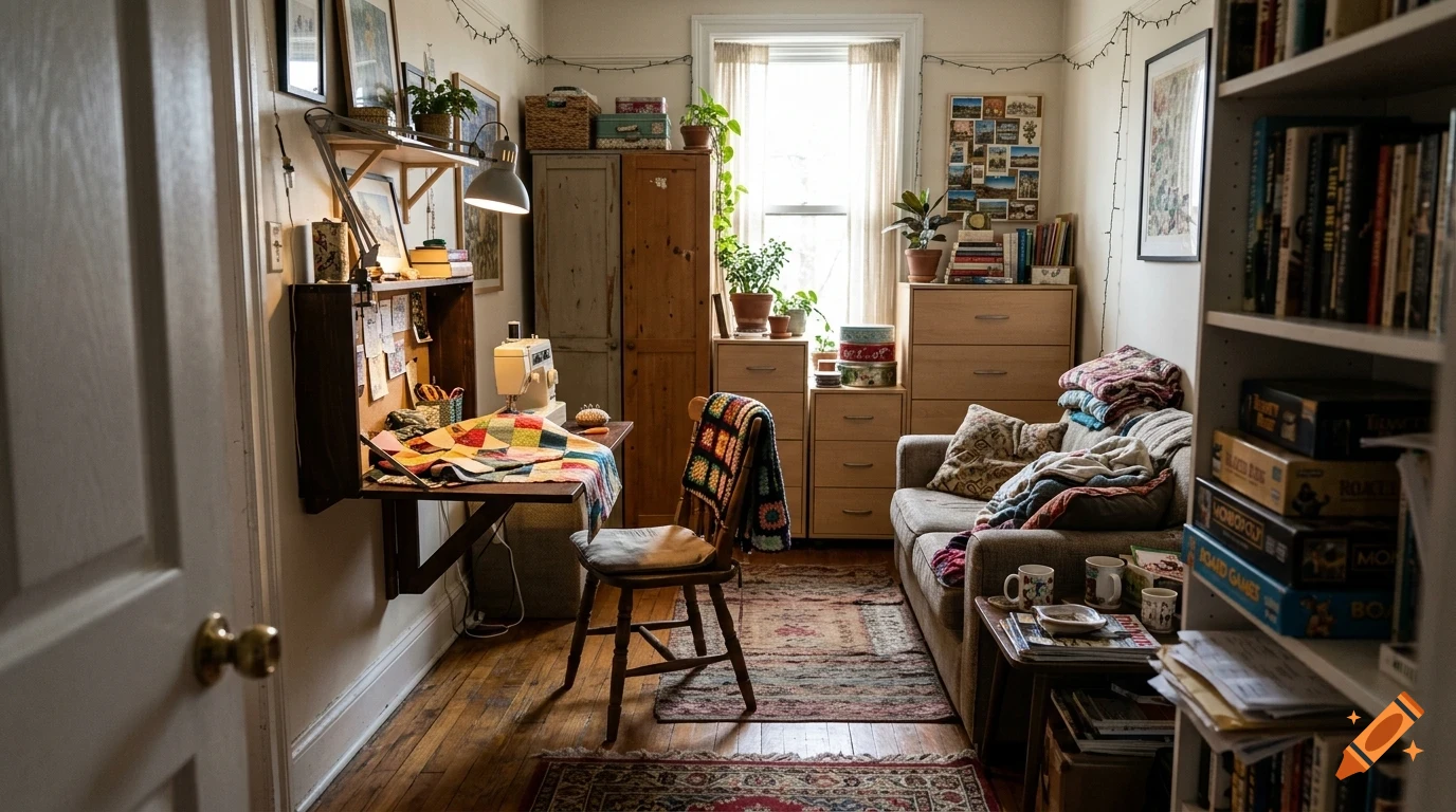 A cozy, cluttered craft room with a drop-leaf desk, a sewing machine, a sofa, bookshelves, and various plants.