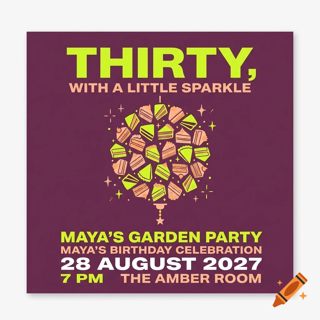 An invitation card with purple background, featuring the text 'THIRTY, WITH A LITTLE SPARKLE', an illustration of a disco ball made of cake slices, and birthday party details at the bottom.