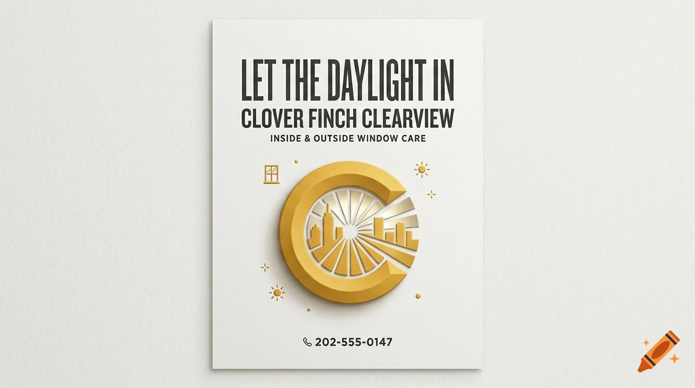 A flyer for window care featuring a golden circular logo with city silhouettes and sunburst design.