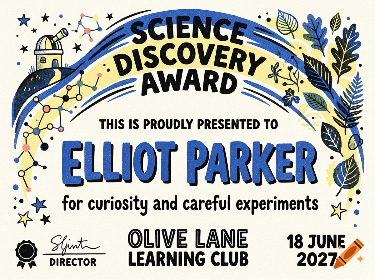 An illustrated award certificate titled Science Discovery Award presented to Elliot Parker by Olive Lane Learning Club.