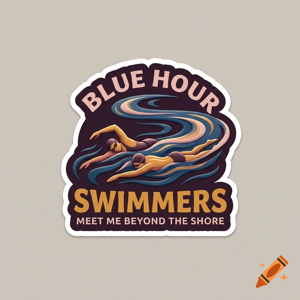 An illustrated sticker design features two swimmers in motion through swirling blue water, accompanied by the text 'BLUE HOUR SWIMMERS' and 'MEET ME BEYOND THE SHORE'.