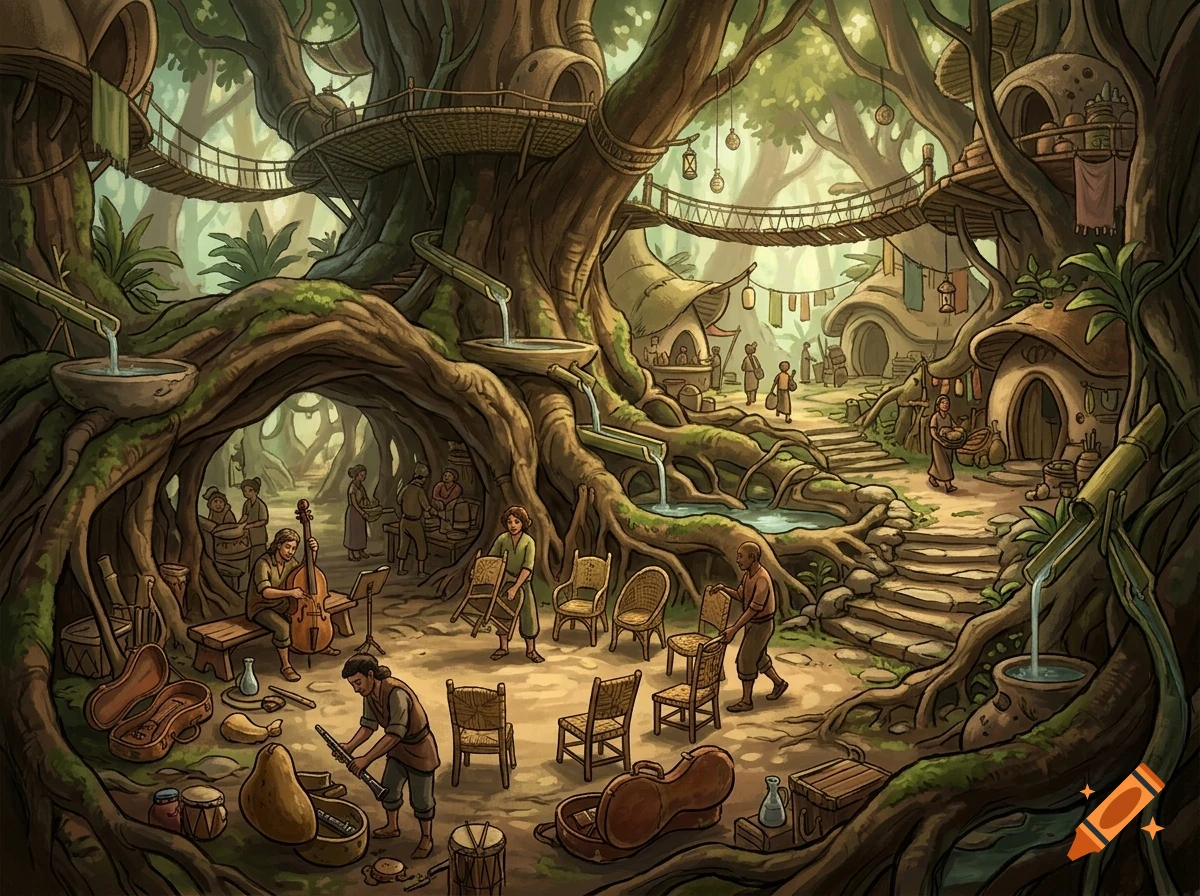 An illustrated fantasy village built inside a giant ancient tree, with people interacting, playing instruments, and arranging chairs.
