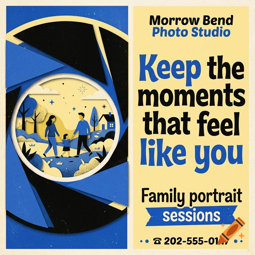 An advertisement for Morrow Bend Photo Studio featuring a camera aperture graphic enclosing an illustration of a family walking outside, alongside bold text and a phone number.
