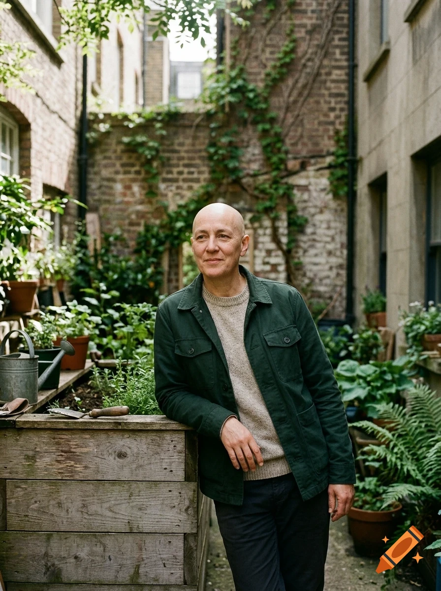 A bald person wearing a dark green jacket and sweater stands leaning against a wooden planter box in a courtyard filled with potted plants and brick walls.