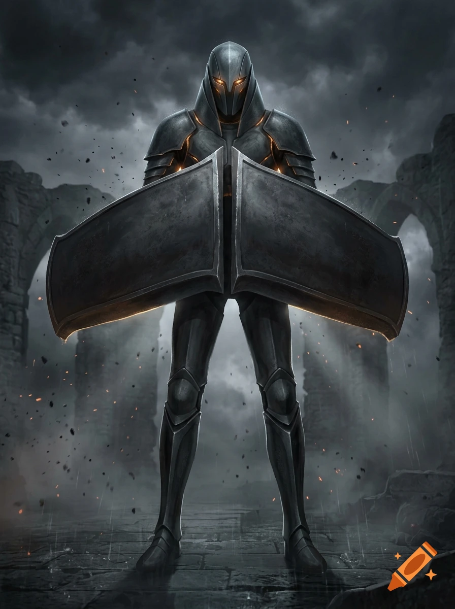 A tall, lean sentinel in dark plate armor holding two large metal shield slabs in front of its body, digital art.