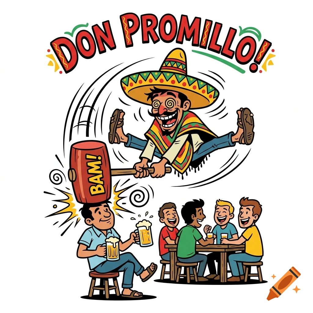 Comic style vector t-shirt design of an intoxicated Mexican character named Don Promillo leaping with a mallet above friends drinking beer.