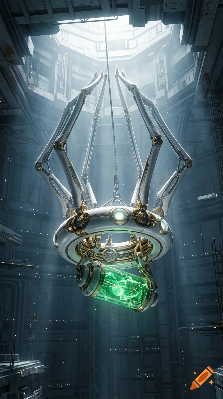 A high-tech white and gold robot spider holding a glowing green reactor, descending from a sci-fi facility ceiling. Photorealistic.
