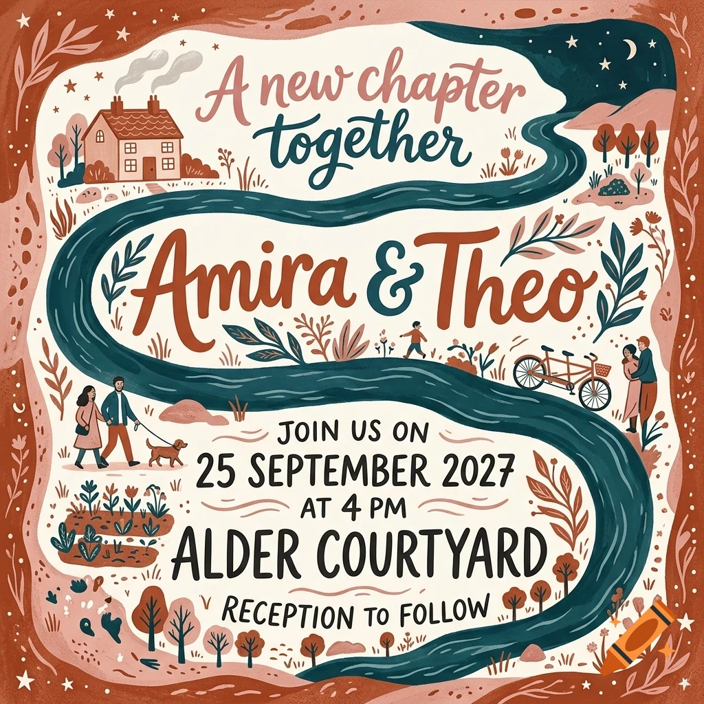 An illustrated wedding invitation featuring a winding river, a house, trees, people, and lettering that reads 'Amira & Theo'.
