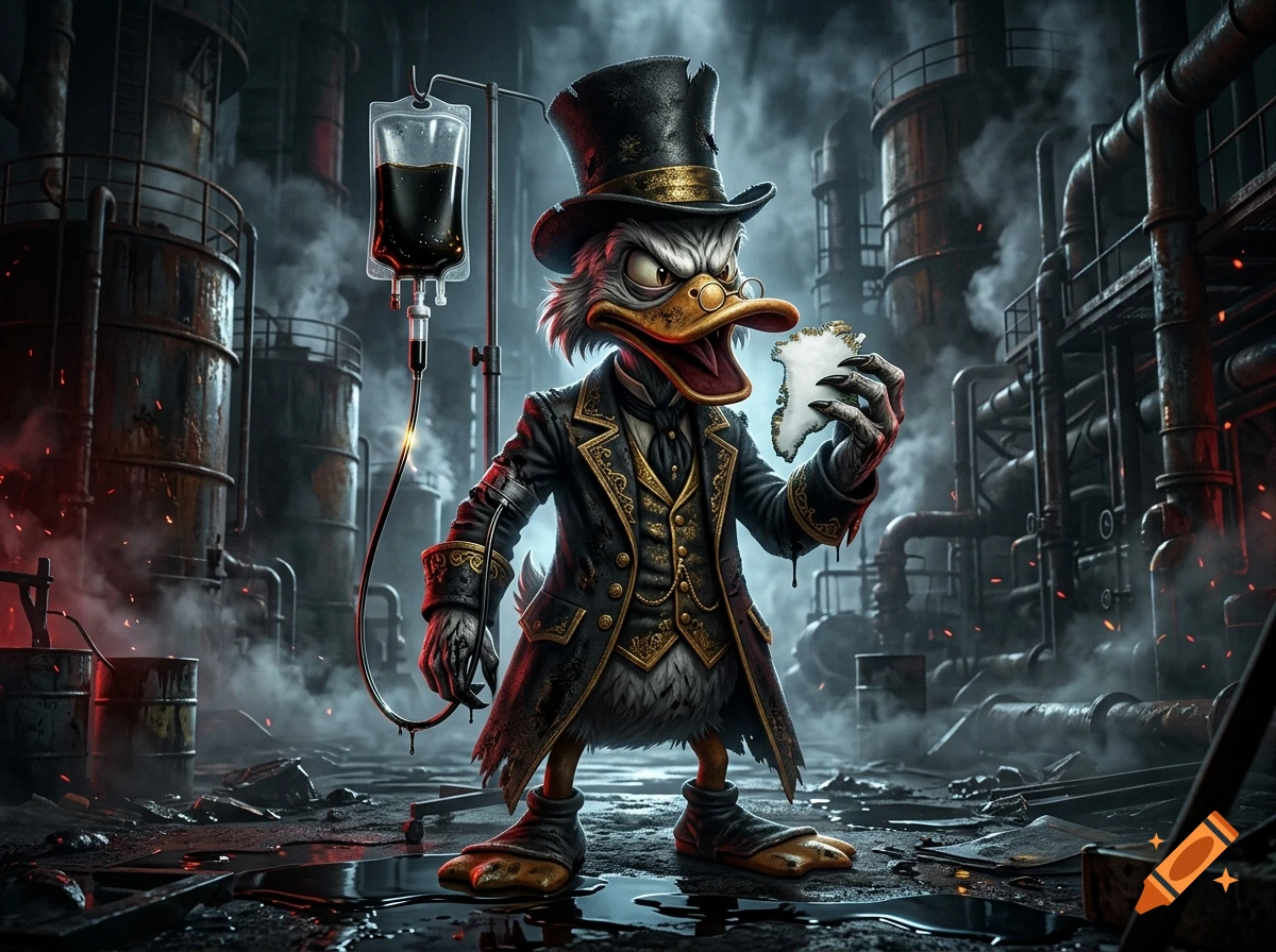 Dark fantasy illustration of Scrooge McDuck in a factory, holding a piece of Greenland and connected to an IV bag.