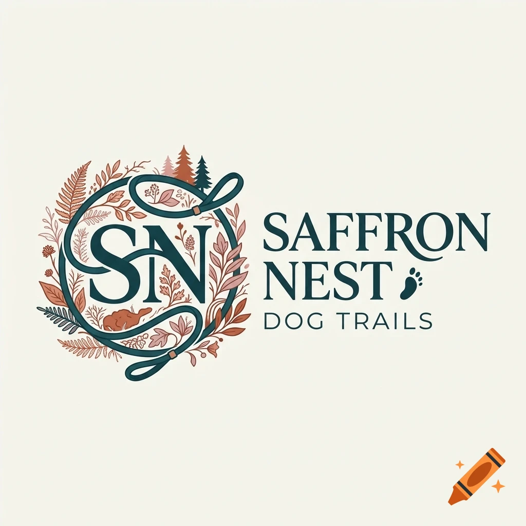 Logo featuring the letters SN encircled by a leash, foliage, and trees, with the text SAFFRON NEST DOG TRAILS beside it.