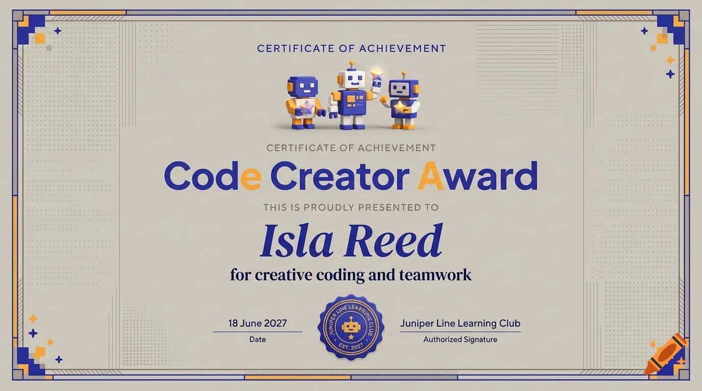 A Code Creator Award certificate featuring three small blocky robot characters at the top, bordered in gray with blue and yellow accents.