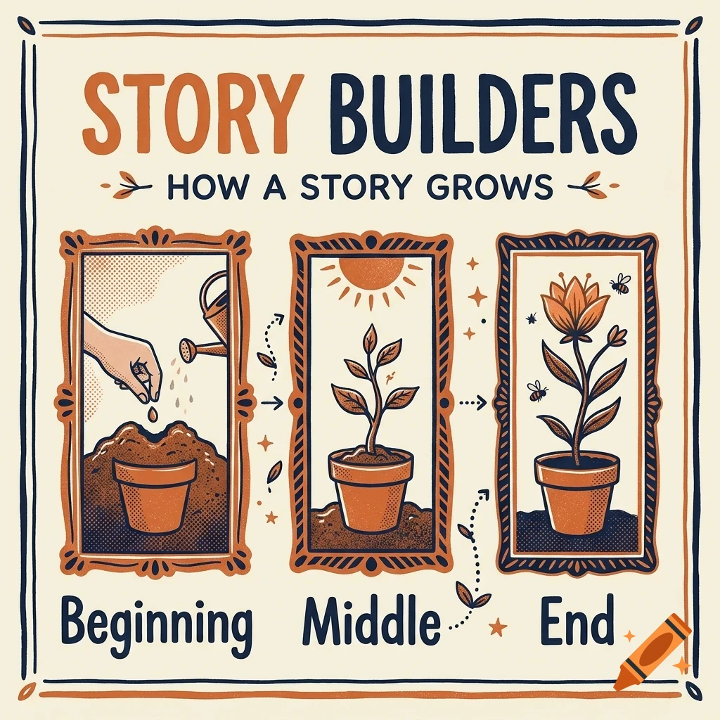 An instructional illustration titled Story Builders detailing how a story grows across three framed panels showing planting, sprouting, and flowering stages.