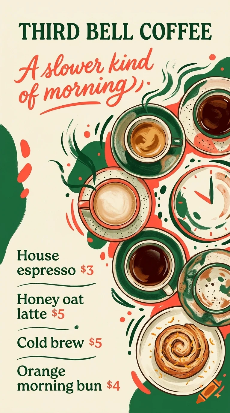An illustrated poster for a coffee shop featuring various cups of coffee, a pastry, prices, and the text THIRD BELL COFFEE.