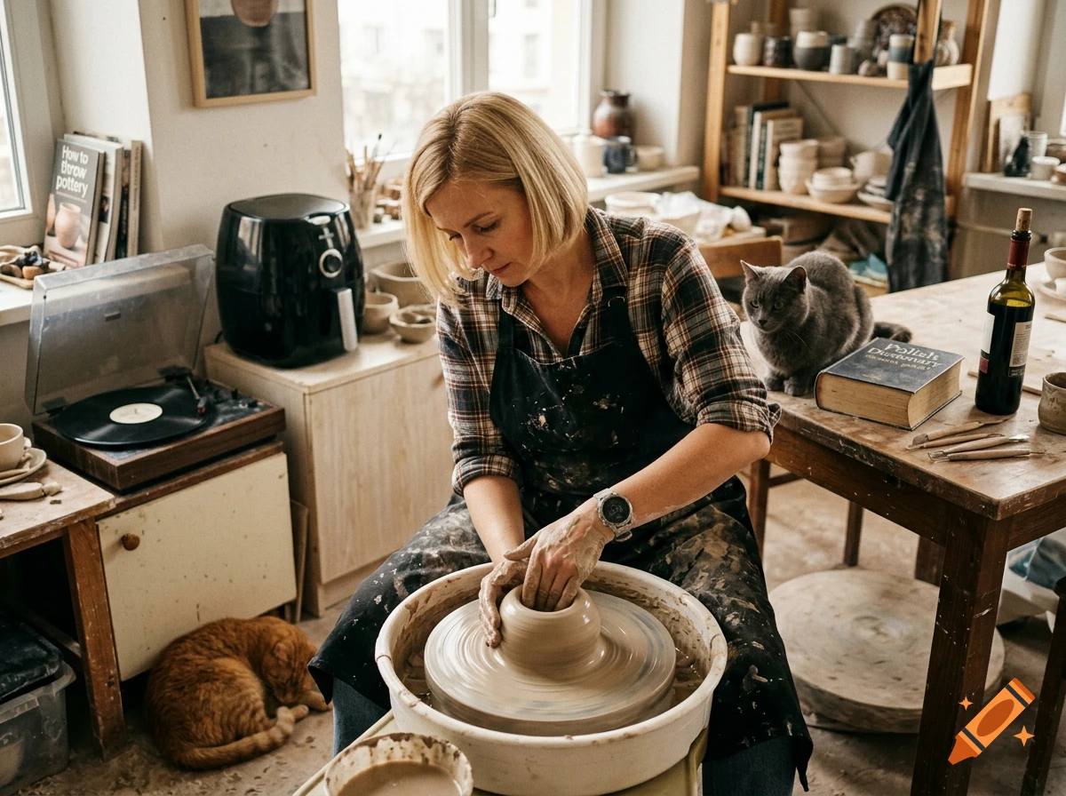 Photorealistic image of a blonde woman throwing clay on a pottery wheel in a studio with a cat and various props.