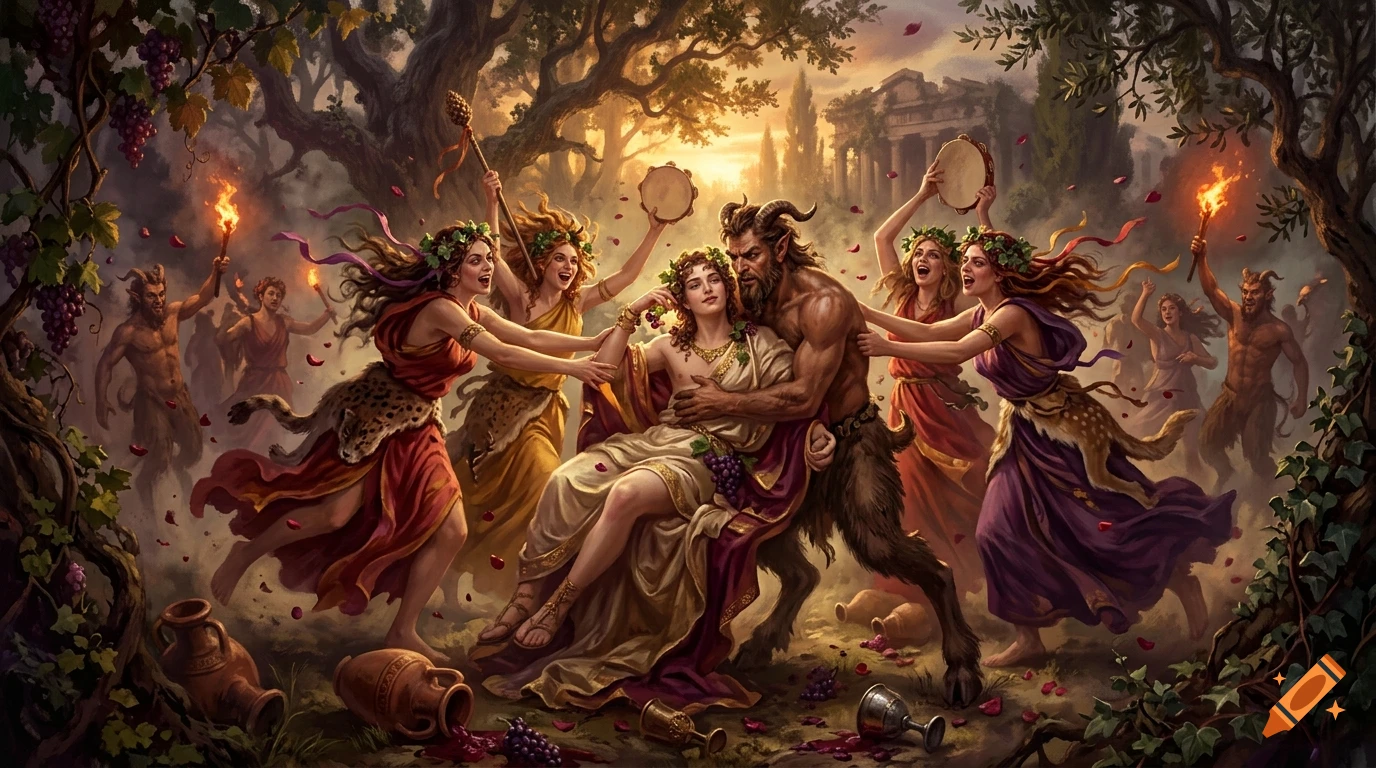 Oil painting of a Bacchanalian revel with maenads holding Dionysus away from a satyr in a forest.