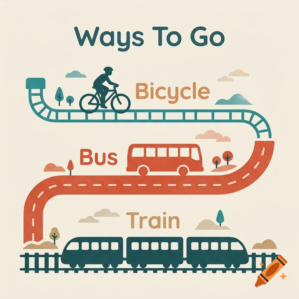 An educational illustration showing three modes of transport: a person on a bicycle, a bus, and a train, with the text 'Ways To Go'.
