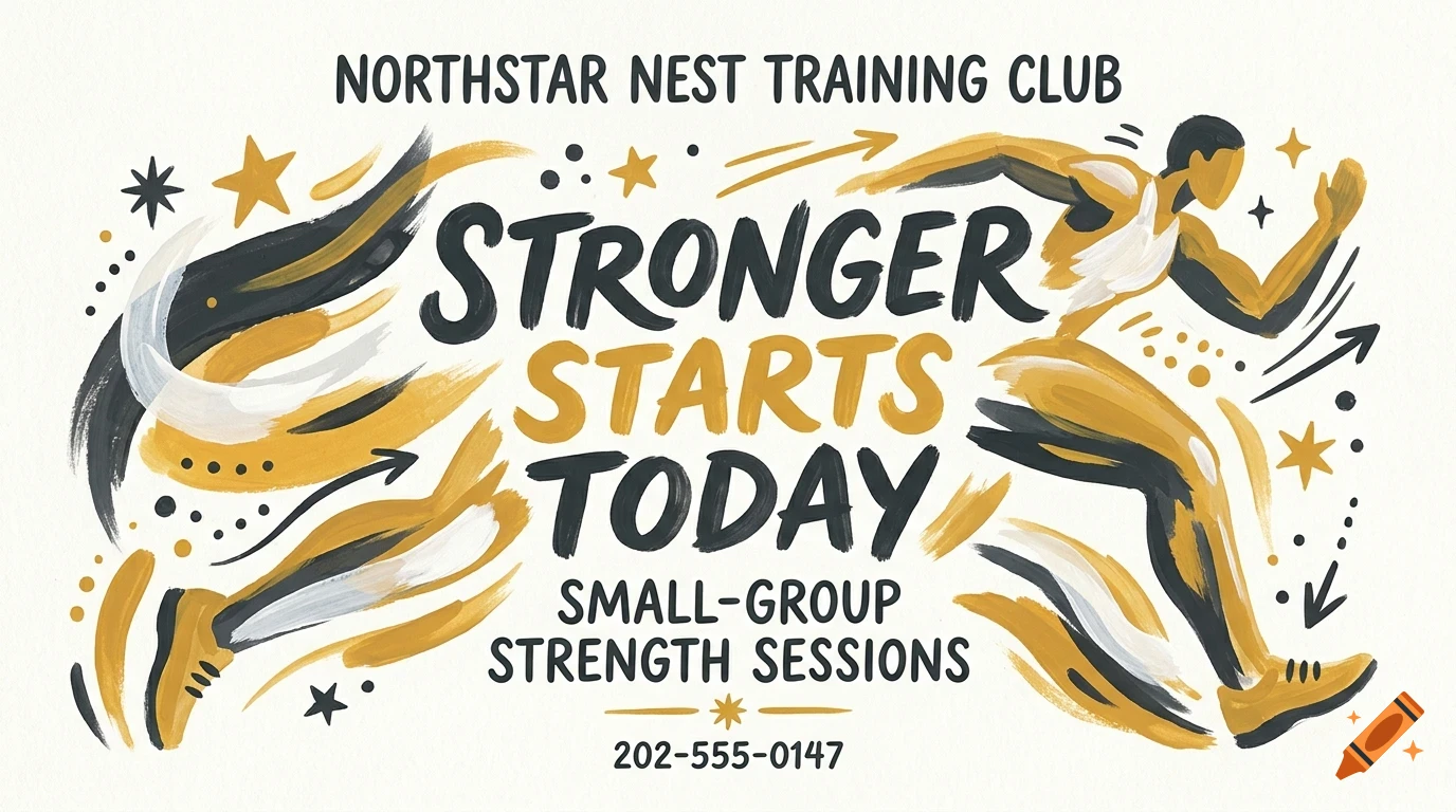 An illustration of a runner with the text Stronger Starts Today, along with stars and brush stroke designs.