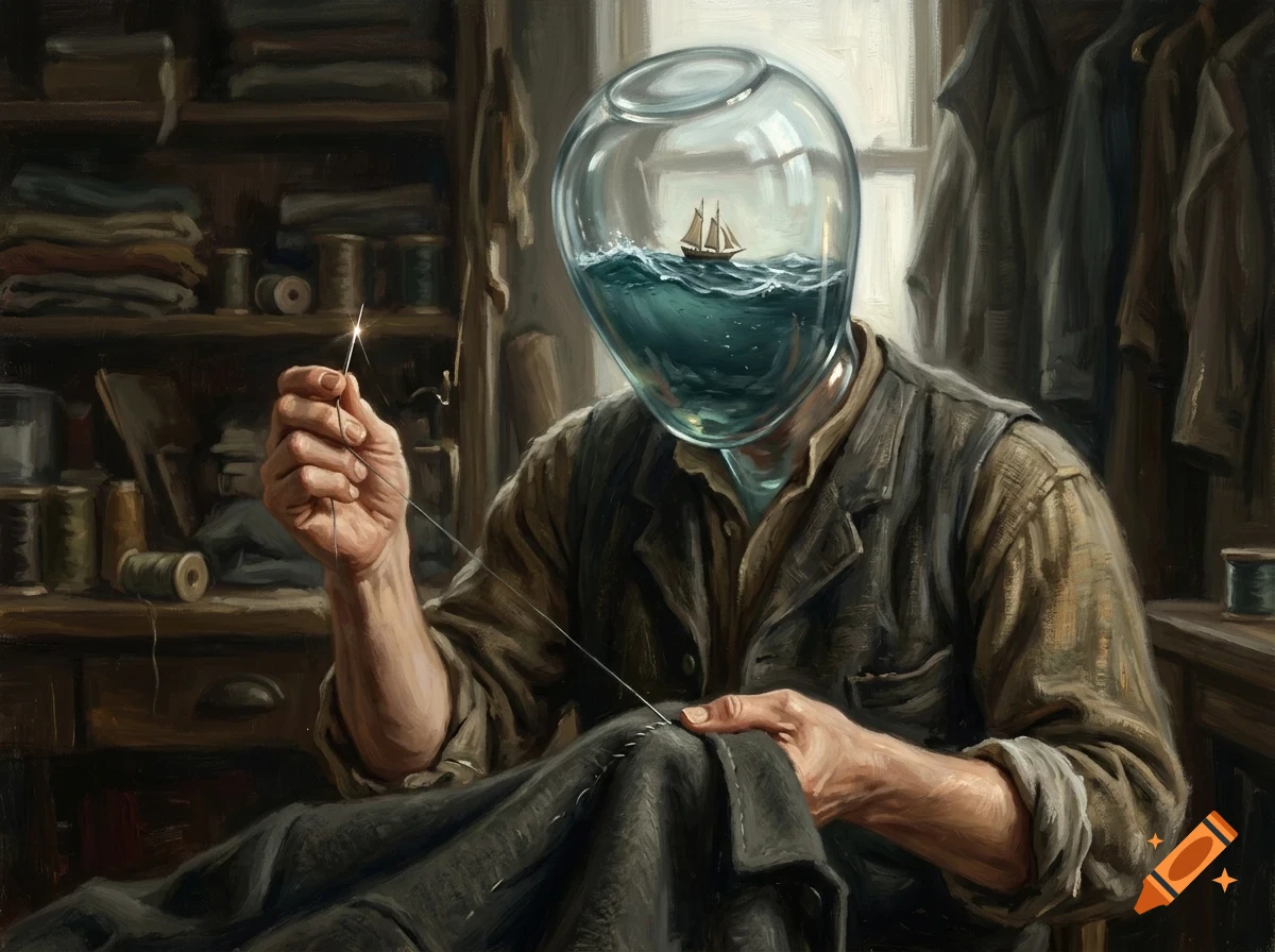 An oil painting of a tailor with a glass bowl head containing a stormy sea and a sailing ship, sewing a garment.