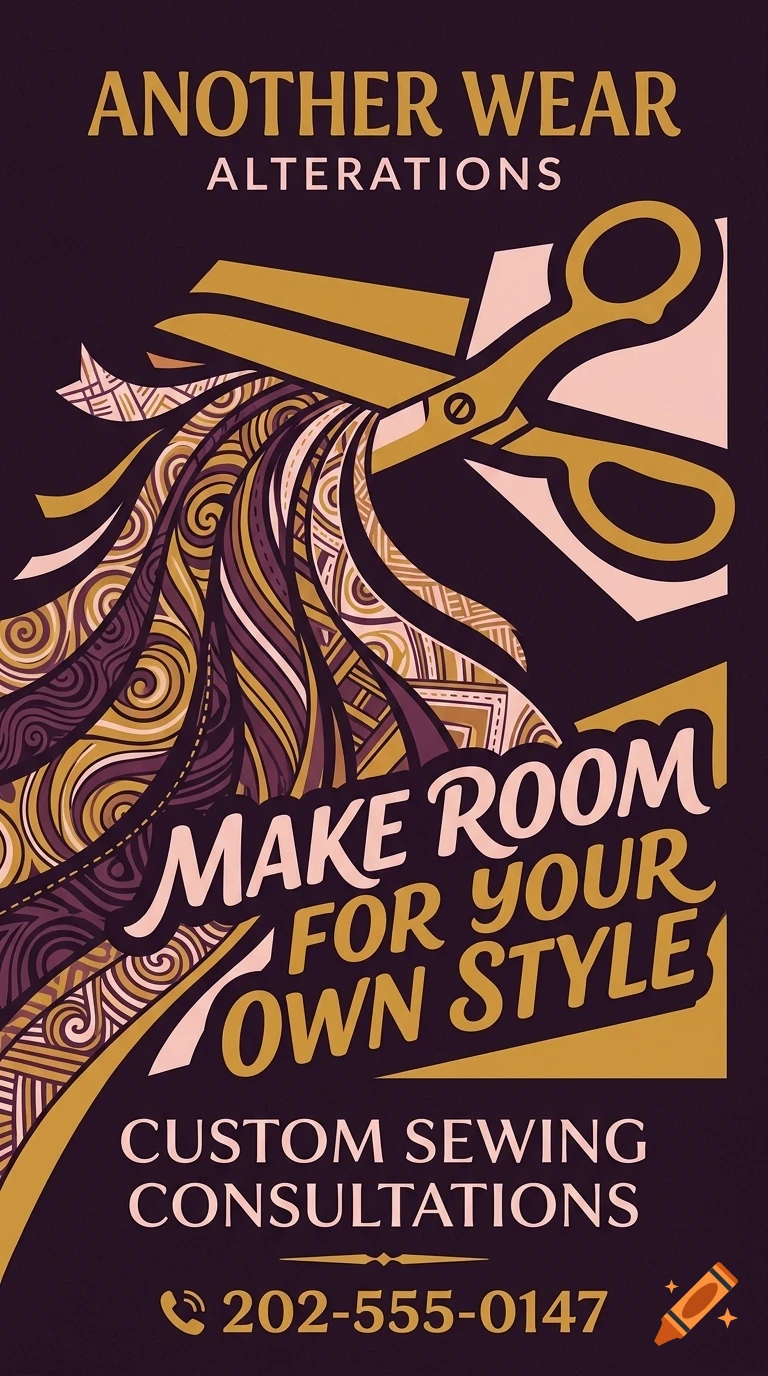A poster design featuring a pair of scissors cutting patterned fabric, with text reading Another Wear Alterations and Make room for your own style.