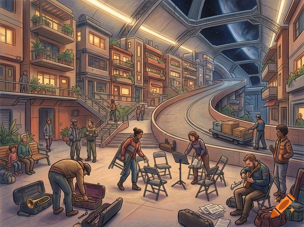An illustrated scene in a futuristic space colony city inside a domed structure showing buildings, people setting up chairs and instruments, and a curved road.