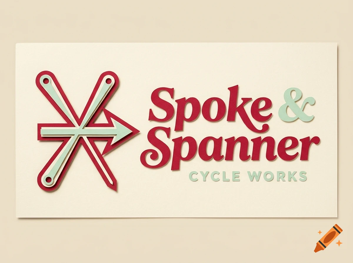 A logo design with red and light blue lettering reading Spoke & Spanner Cycle Works, featuring an abstract bicycle spoke and arrow emblem.