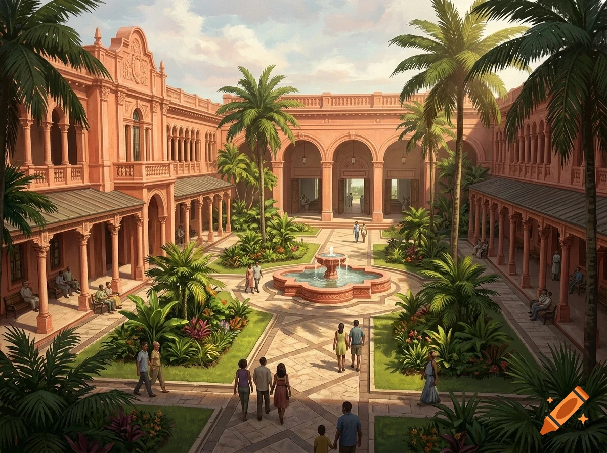 An ornate pink historical building courtyard with a central fountain, palm trees, and people walking along tiled pathways.