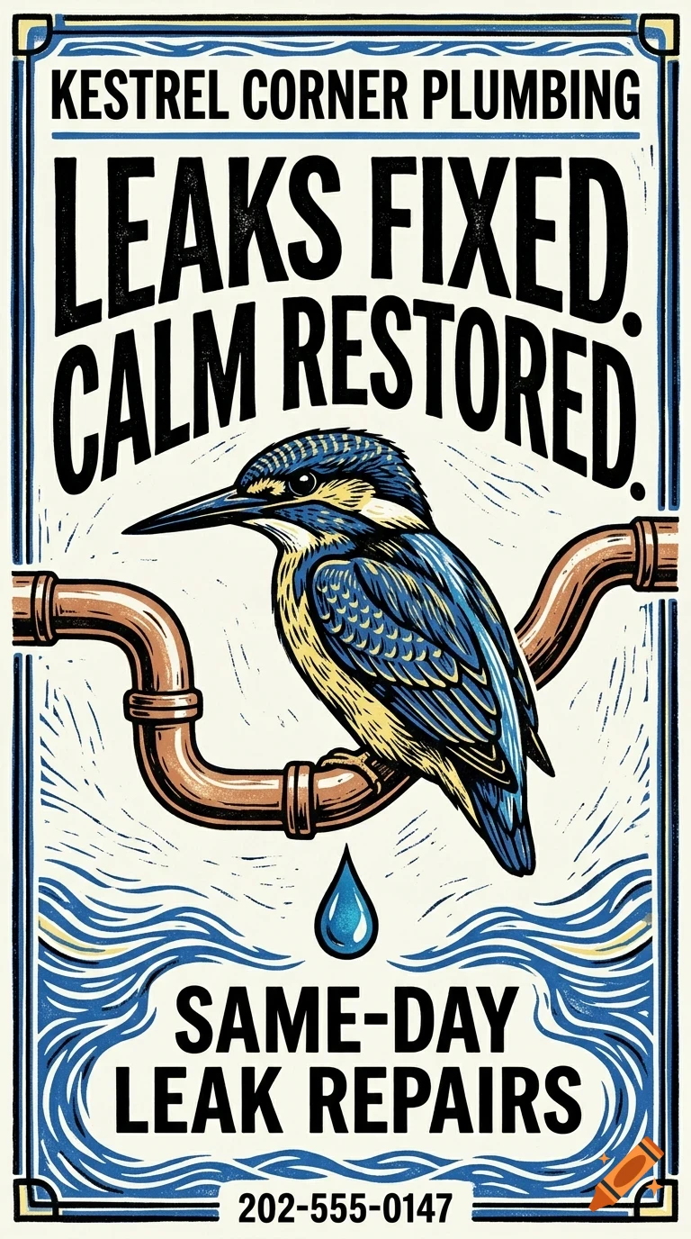 An illustration of a kingfisher perched on a copper pipe with a water droplet, surrounded by text including Kestrel Corner Plumbing.