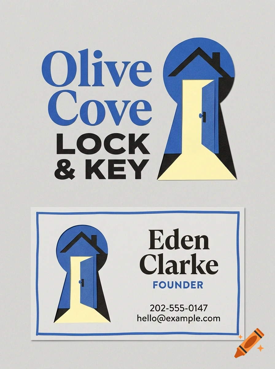 Branding design featuring the text Olive Cove Lock & Key and a business card for Eden Clarke, Founder, with a keyhole illustration containing a house and open door.