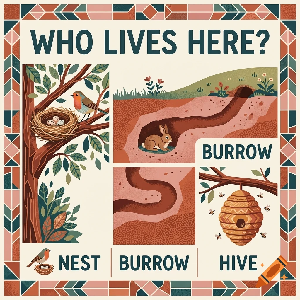 An educational illustration titled 'WHO LIVES HERE?' showing animals and their homes: a bird in a nest, a rabbit in a burrow, and bees around a hive.