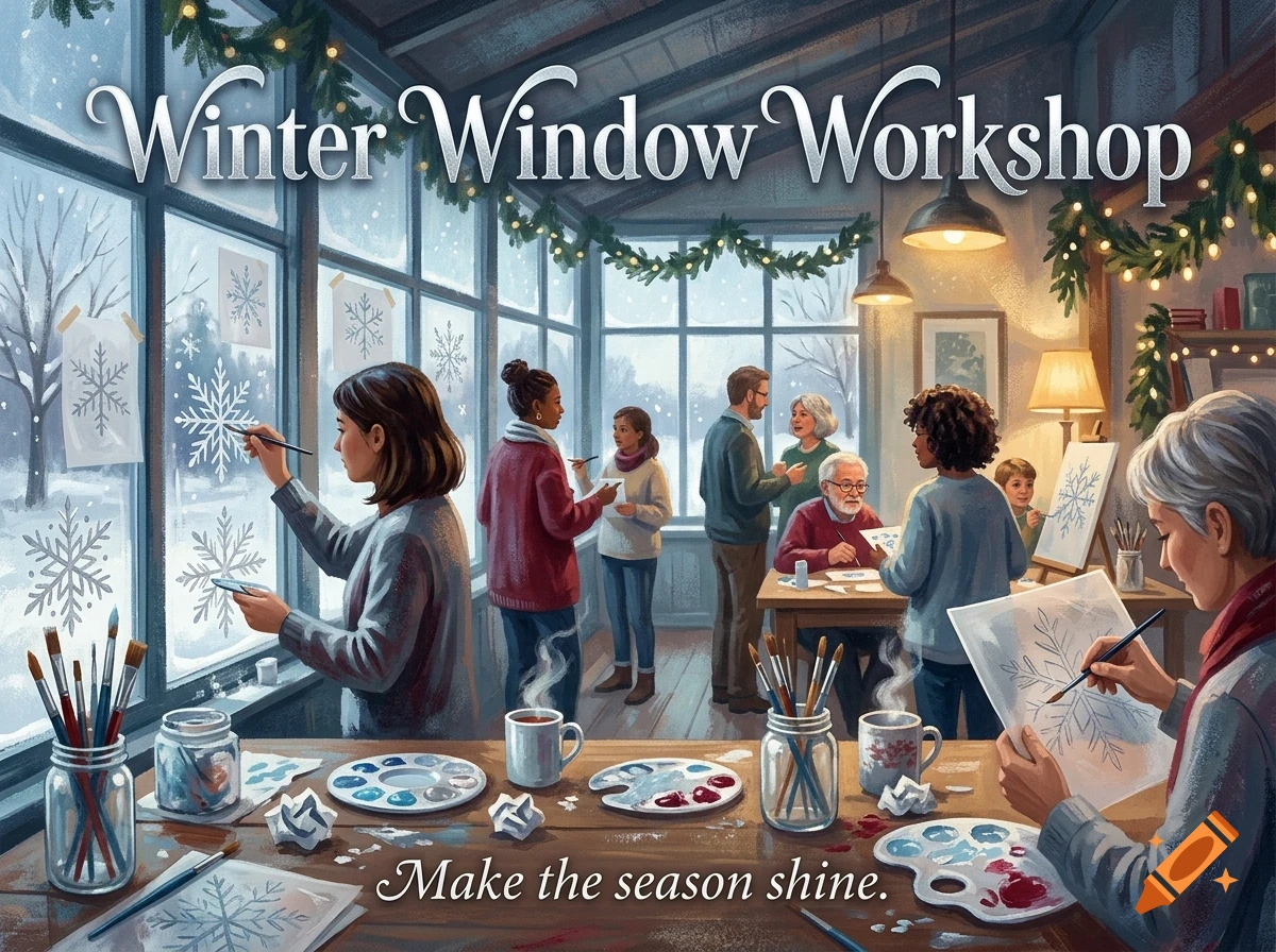 People painting snowflake designs on windows and paper inside a warm workshop during winter, with the text Winter Window Workshop and Make the season shine.