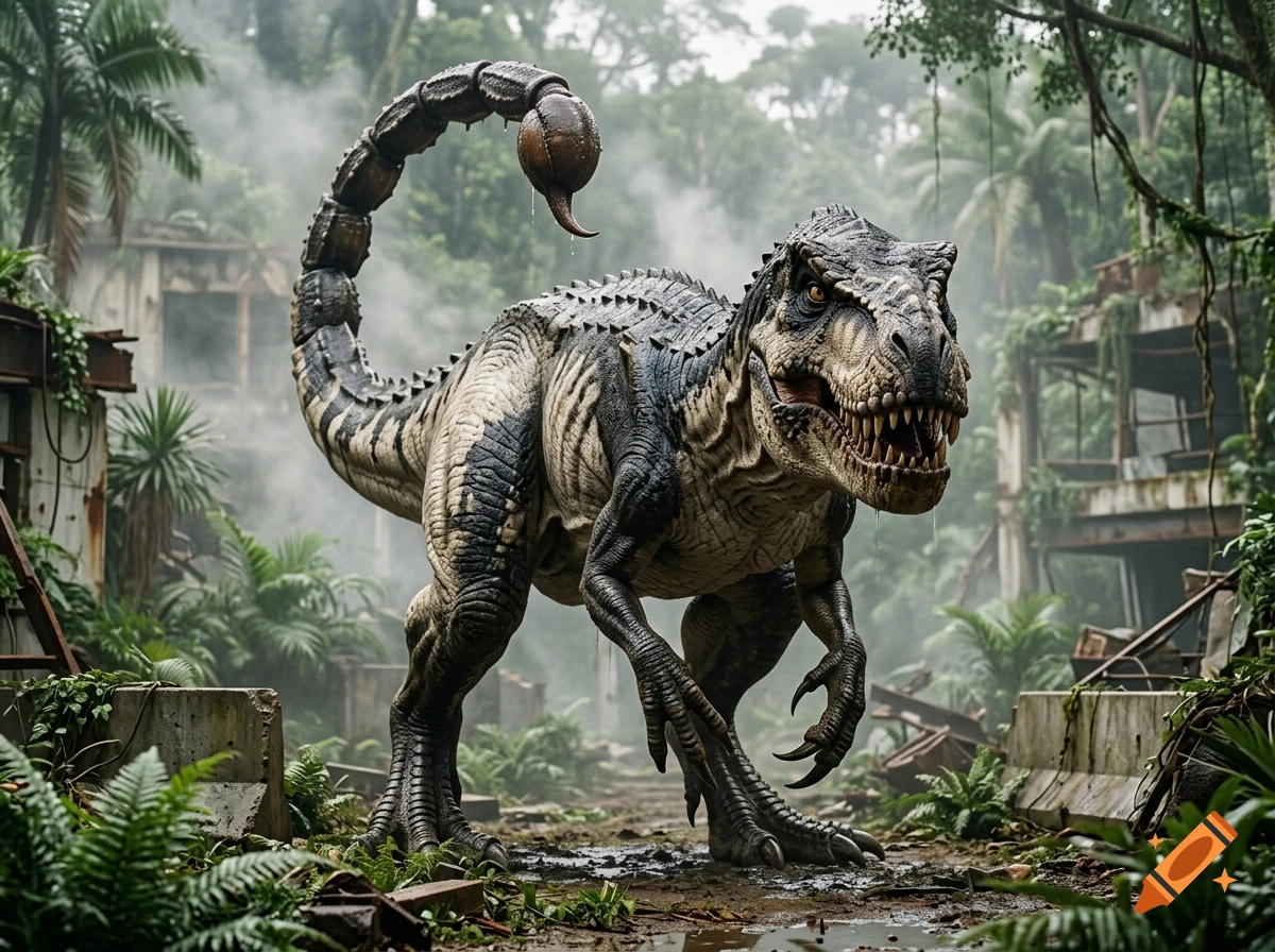Photorealistic image of a hybrid dinosaur with a scorpion tail in a ruined jungle setting.
