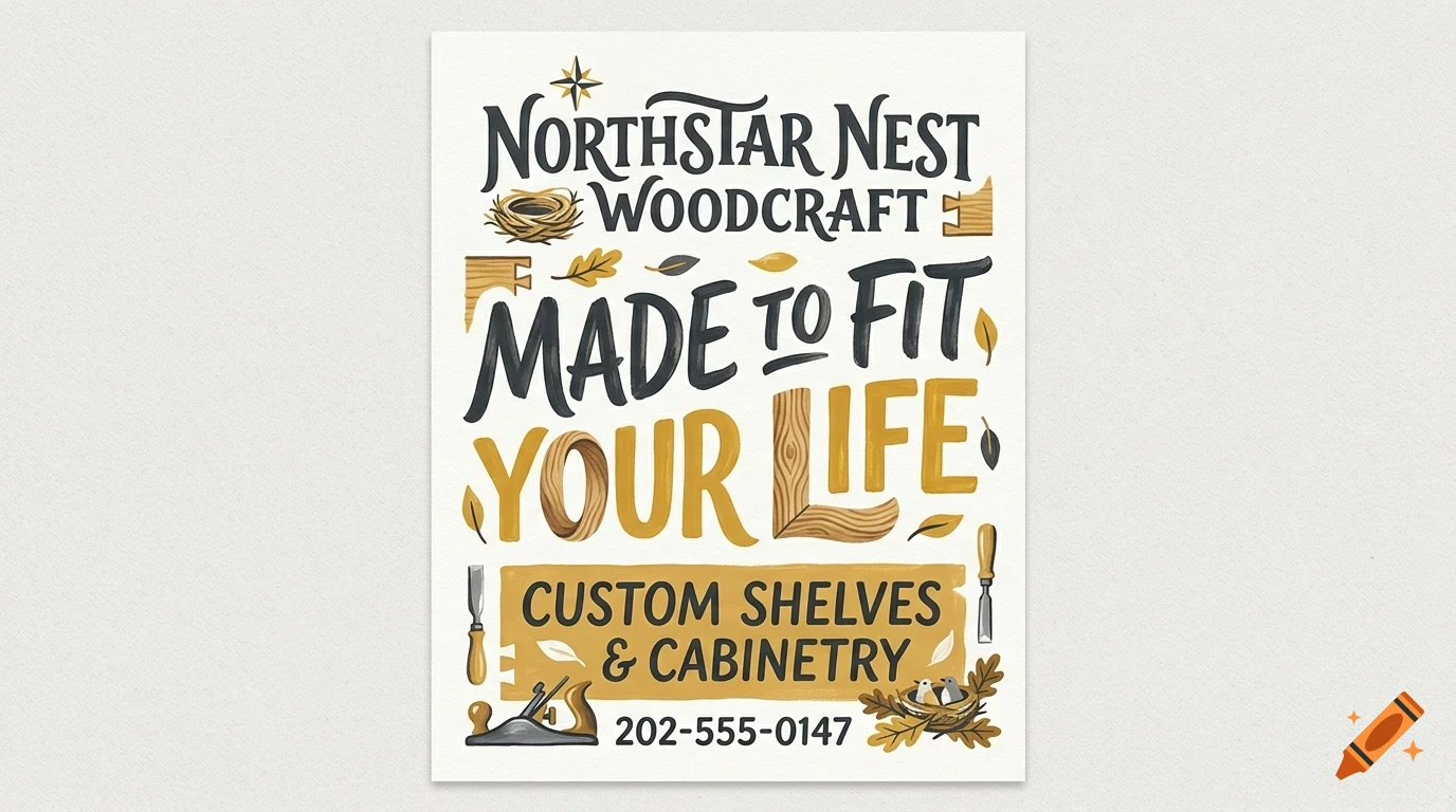An illustrated poster featuring dark grey and yellow lettering for Northstar Nest Woodcraft, accompanied by woodworking tools and small icons.