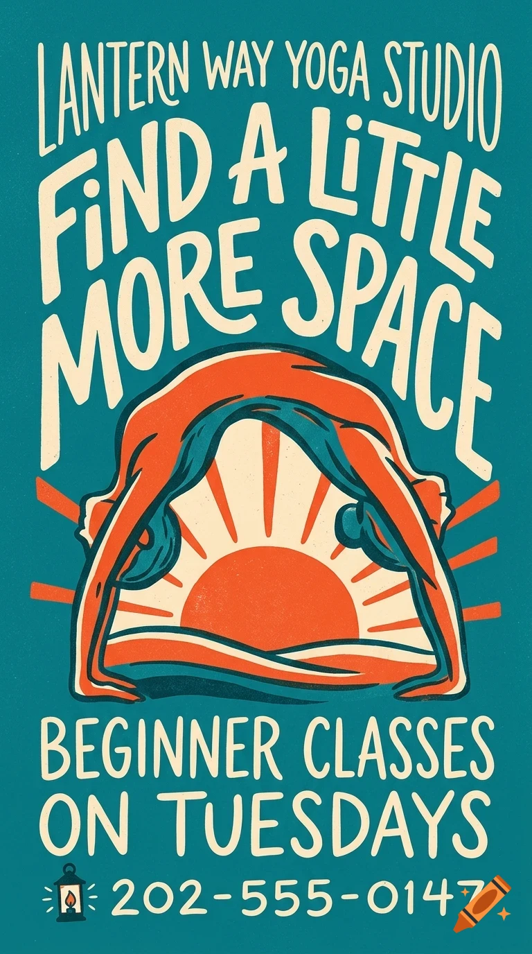 A poster featuring a person doing a yoga backbend in front of a setting sun, surrounded by lettering for a yoga studio.