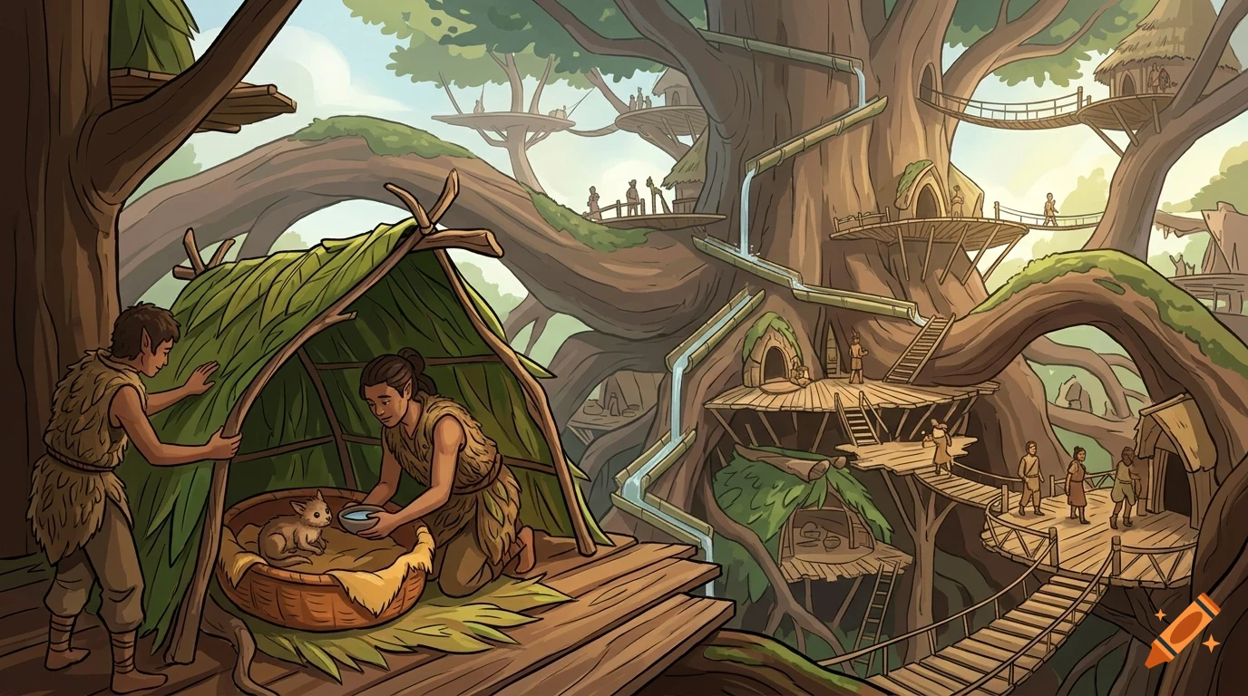 An illustrated fantasy village built among giant trees, with people living in treehouses and caring for an animal.