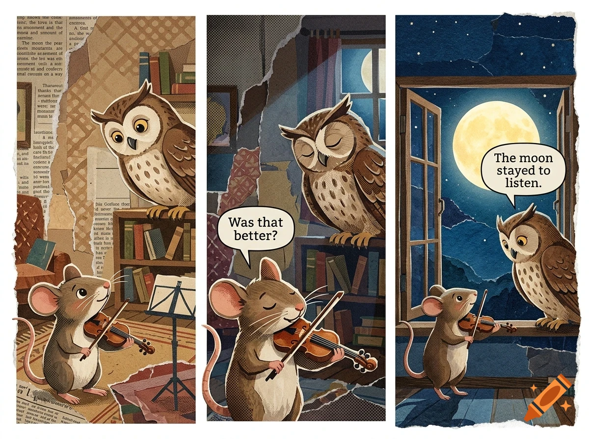 A comic strip with three panels showing a mouse playing the violin for an owl, with speech bubbles containing dialogue.