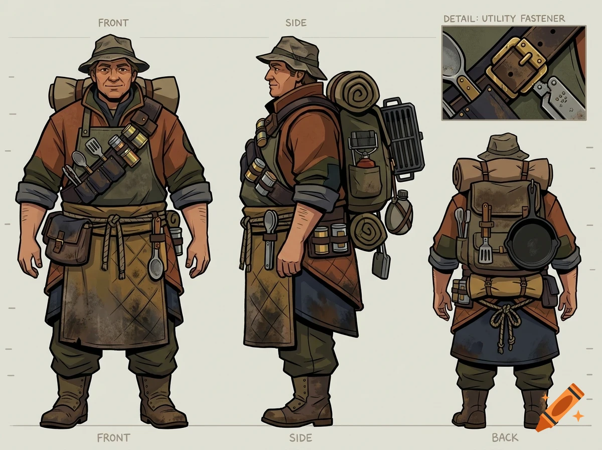 Character concept art sheet showing a male explorer in front, side, and back views, with a close-up detail of a utility fastener.