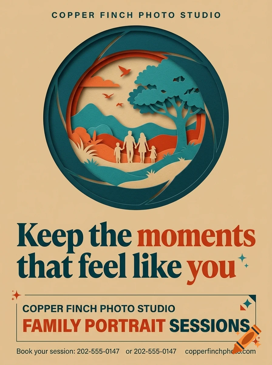 A poster featuring layered paper-cut style illustration of a family in a landscape inside a camera aperture, with text below reading Keep the moments that feel like you and studio details.