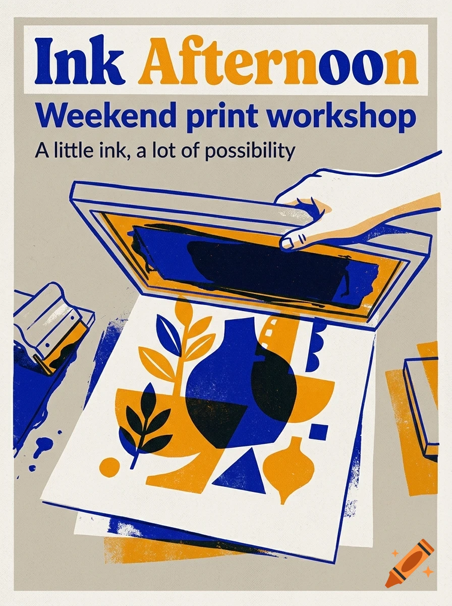 An illustration of a screen printing workshop poster showing a hand lifting a screen print frame over abstract shapes.