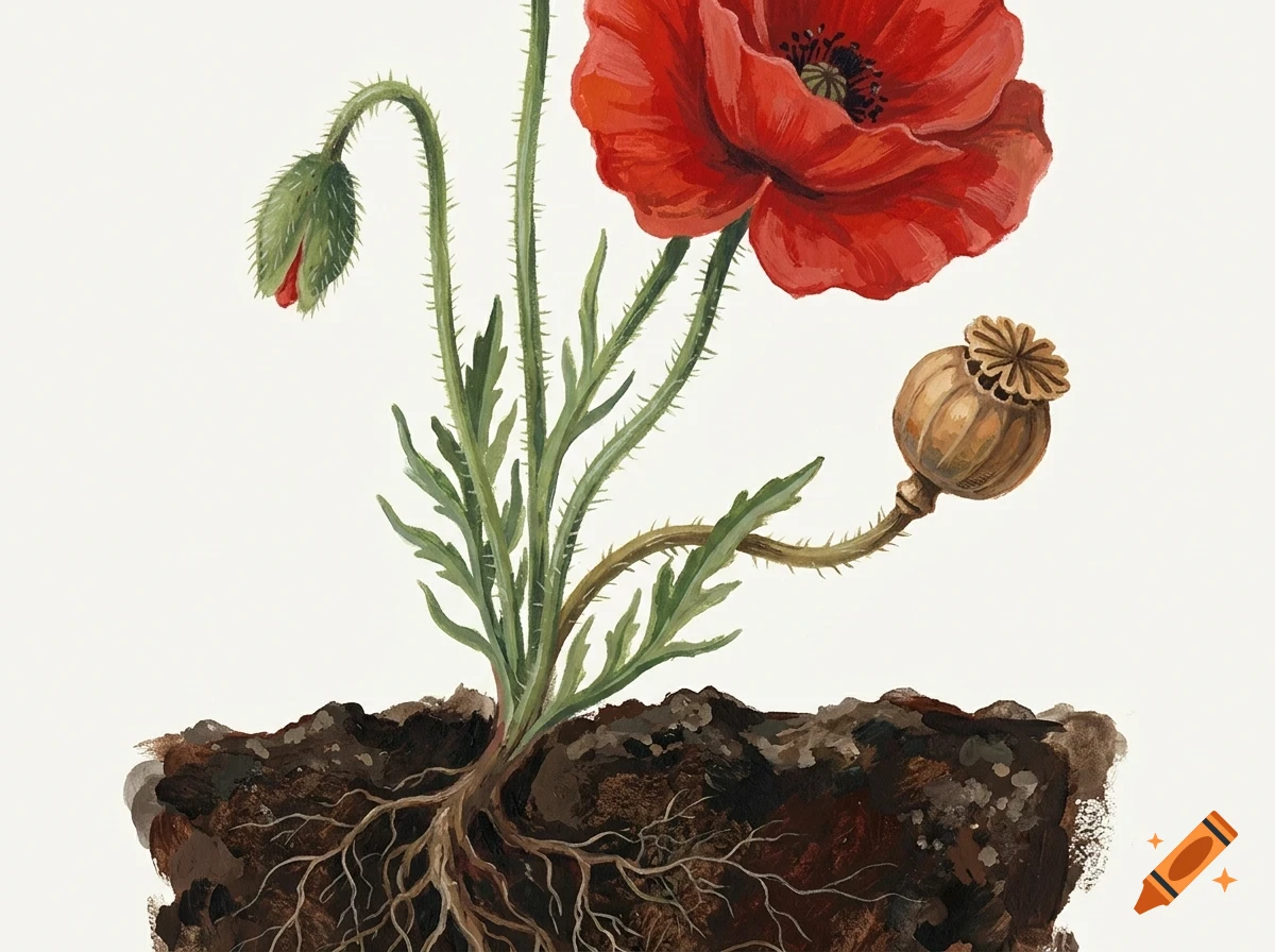 An illustrative botanical painting of a red poppy flower with roots growing out of soil.