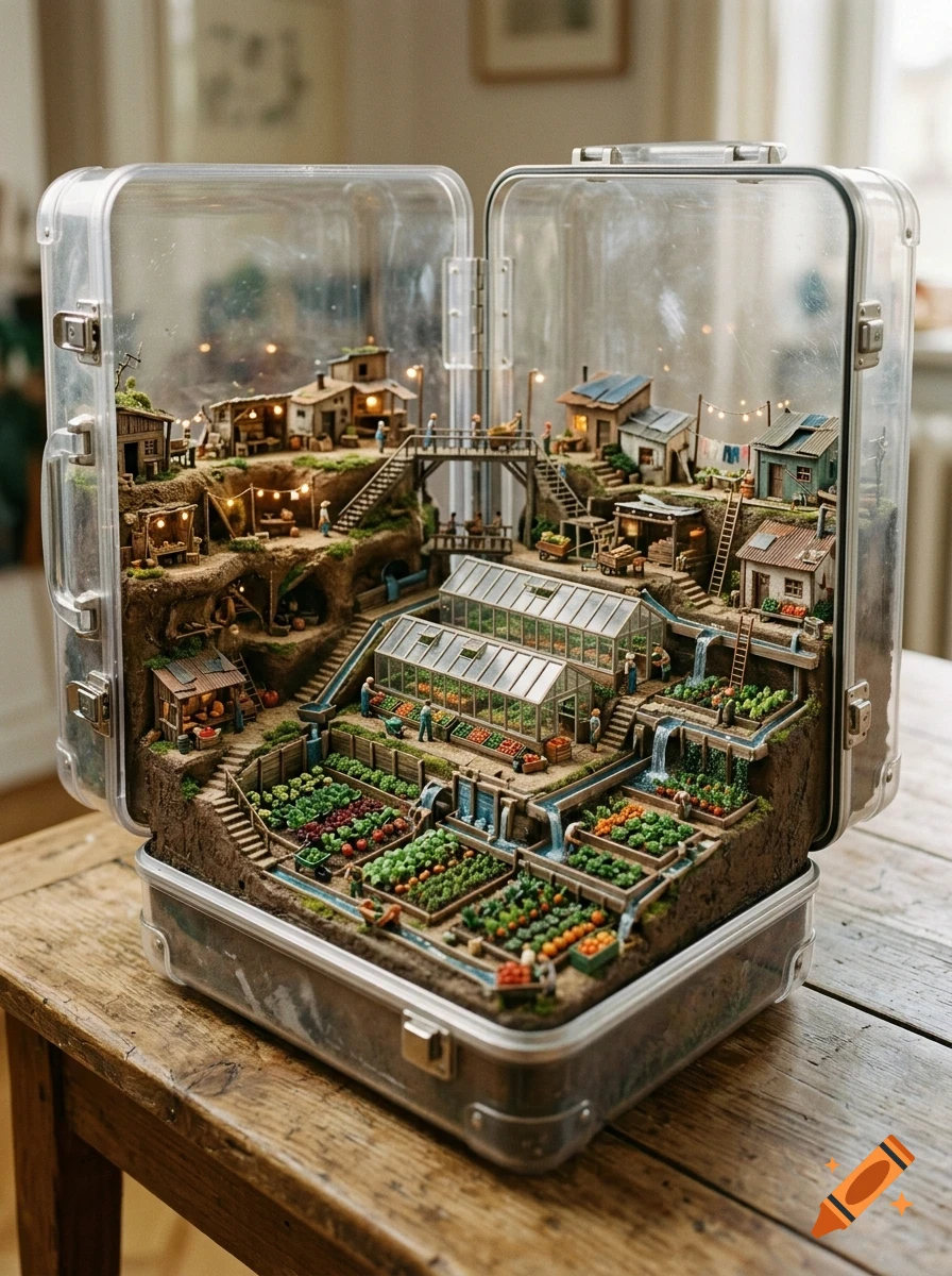 A detailed miniature diorama of a hillside village and farm inside an open transparent plastic case on a wooden table.