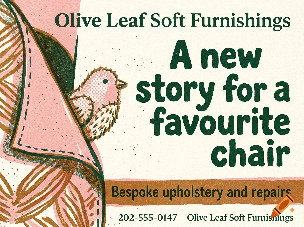 An advertisement for Olive Leaf Soft Furnishings featuring a pink illustrated bird peeking out from a patterned fabric, with text reading A new story for a favourite chair.