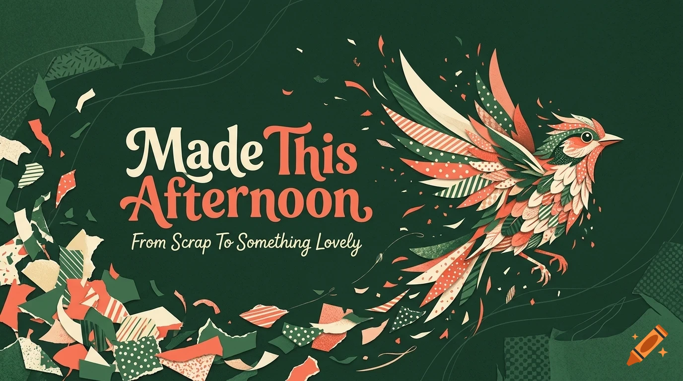 A stylized collage art of a bird flying to the right, composed of patterned paper scraps, next to the text "Made This Afternoon, From Scrap To Something Lovely".