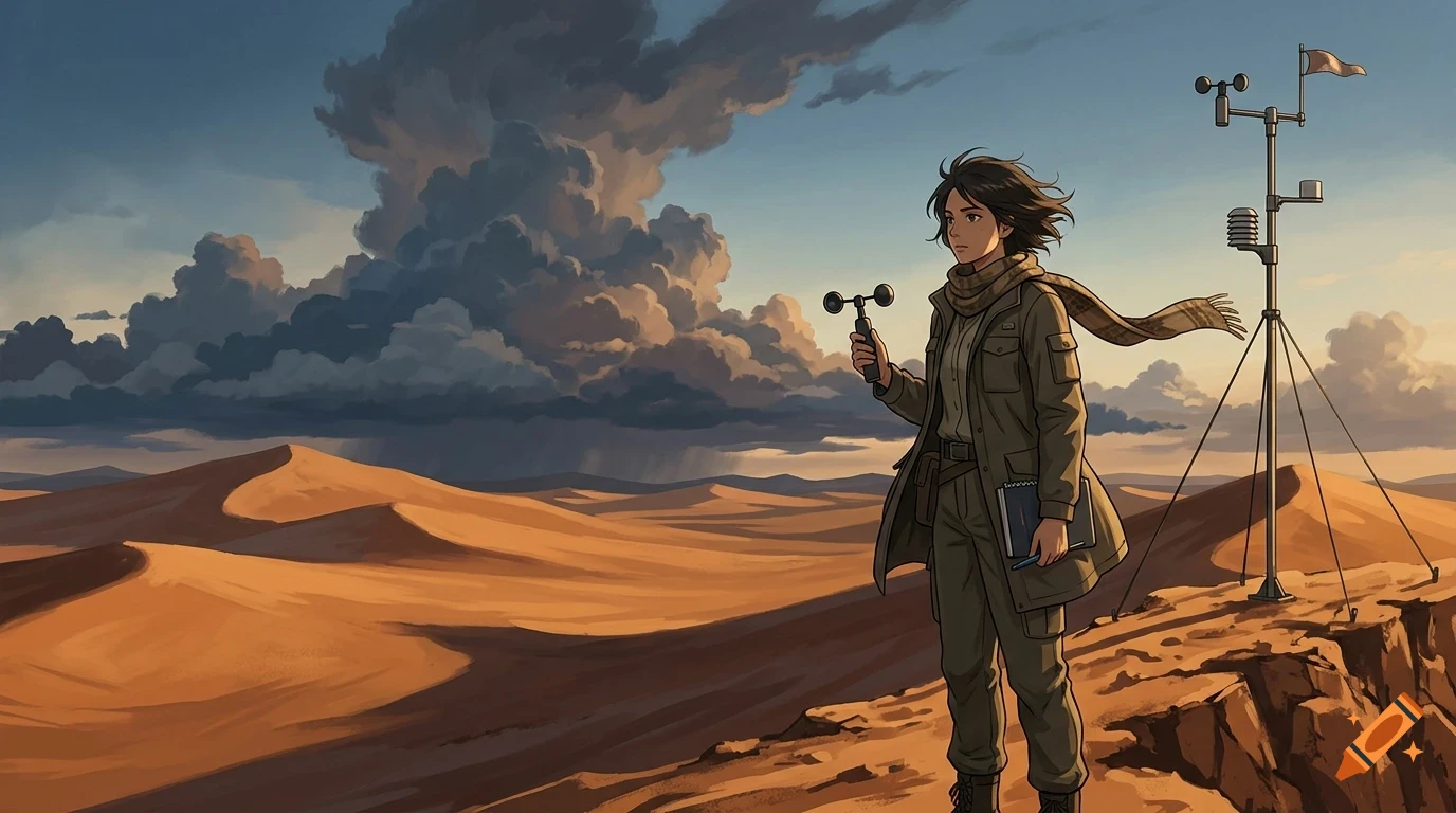 An anime-style illustration of a person holding a small anemometer in a desert landscape under stormy skies, next to a weather station.