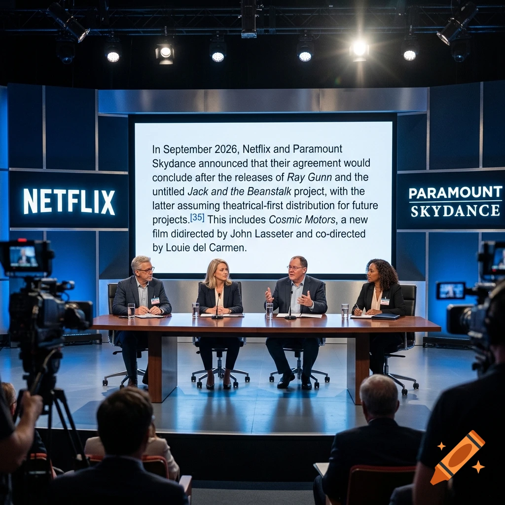 Photorealistic image of a panel discussion on a television set with four people seated at a long table in front of a large screen.
