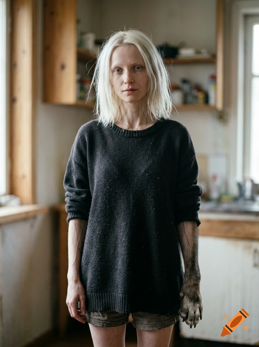 Photorealistic portrait of a young woman with white hair and a dark sweater in a kitchen, with her left hand transformed into a dog paw.