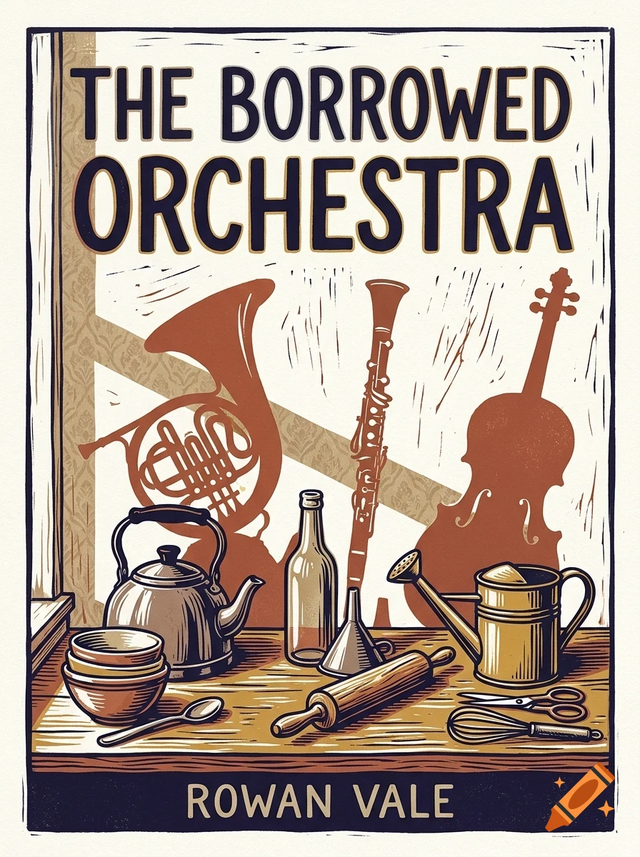 An illustration depicting musical instruments and household items on a wooden surface, with text reading THE BORROWED ORCHESTRA and ROWAN VALE.