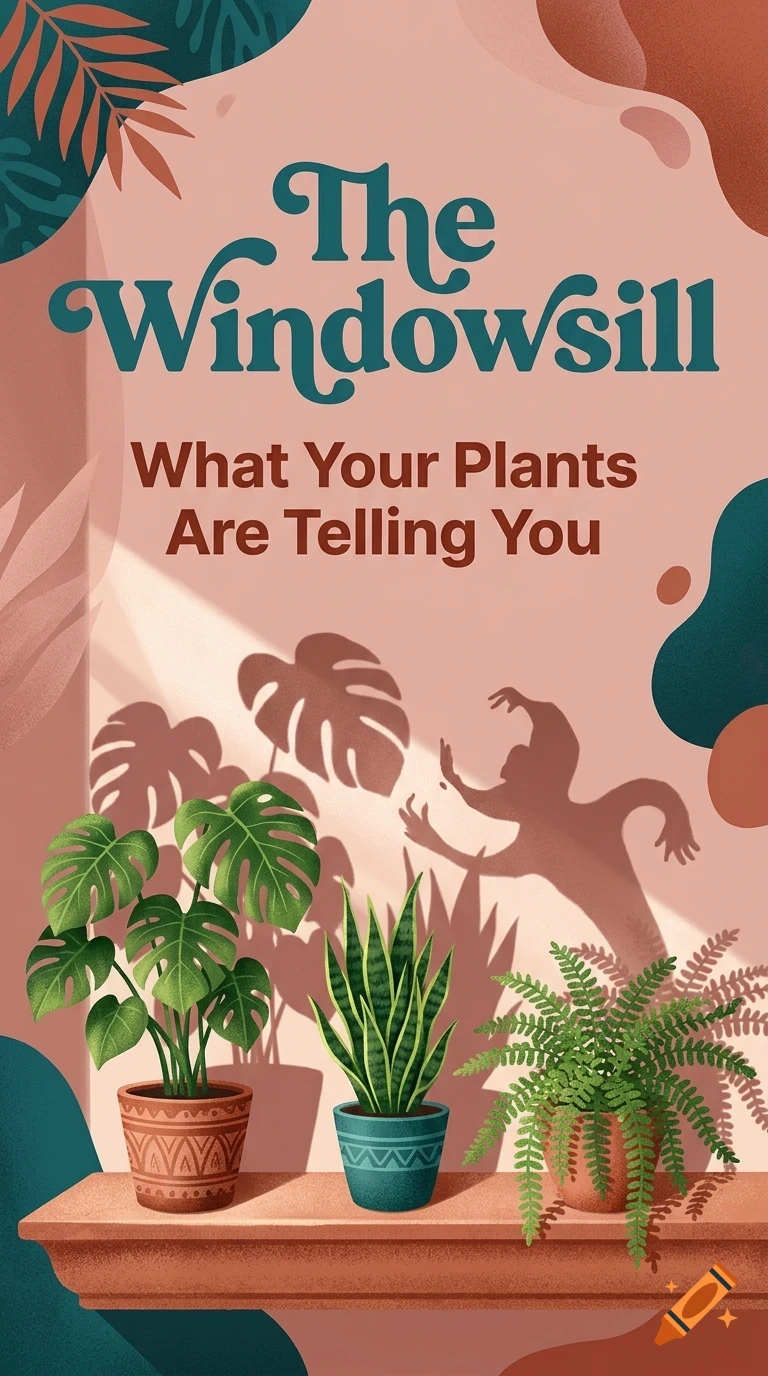 An illustrated poster titled The Windowsill with potted houseplants and a whimsical shadow of a small creature on the wall.