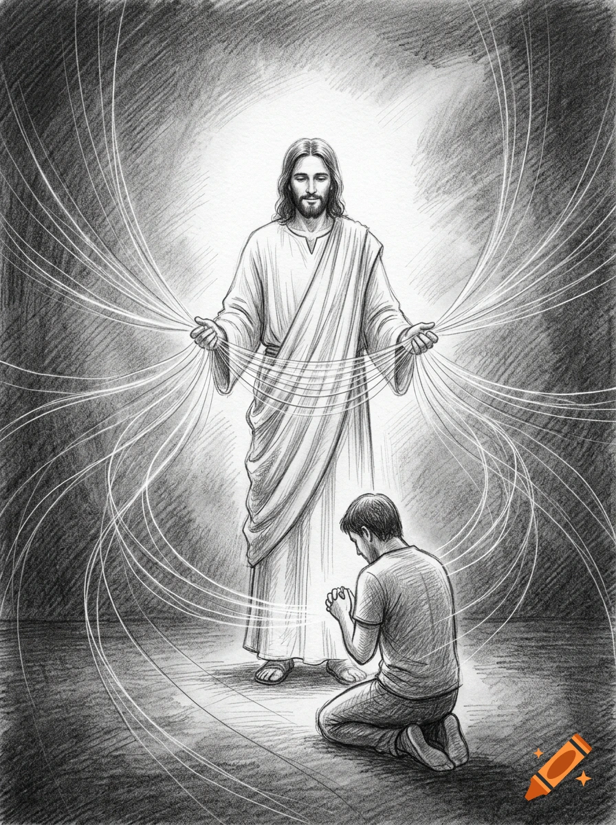 Pencil sketch of Jesus standing and glowing, with strings extending from his hands to a person kneeling and praying.