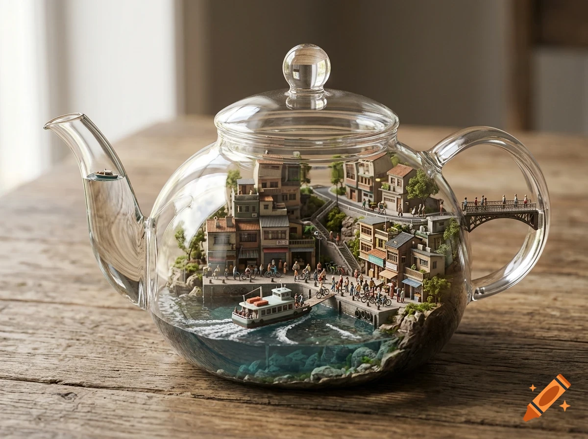 A detailed miniature town, harbor, and boat built inside a clear glass teapot resting on a wooden surface.